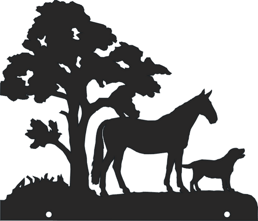 Horse and dog under a tree metal sign